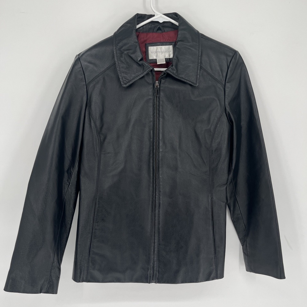 Vintage Worthington Leather Jacket Womens Medium Black Full Zip Bomber Biker
